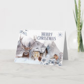 スタッグ冬の雪の森のログキャビンのロビンバード カード (正面)