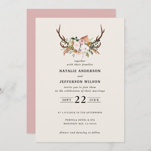 スタッグ赤面ピンクフローラ素朴エレガントモダン 招待状 (正面/裏面)