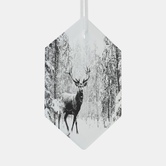 スタッグ・イン・ウィンターフォレスト野生動物動物自然アート ガラスオーナメント (正面右)