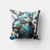 スタッフで青い鎧を着た装甲猫戦士 クッション (正面)