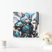 スタッフで青い鎧を着た装甲猫戦士 スクエア壁時計 (ホーム)