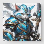 スタッフで青い鎧を着た装甲猫戦士 スクエア壁時計 (正面)