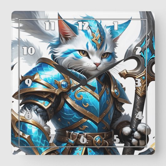 スタッフで青い鎧を着た装甲猫戦士 スクエア壁時計 (正面)