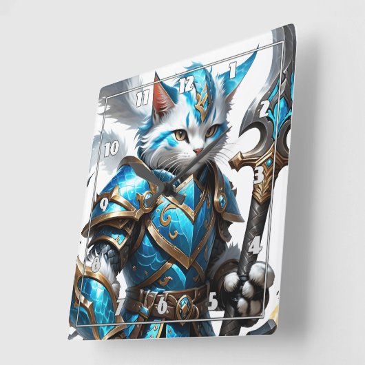 スタッフで青い鎧を着た装甲猫戦士 スクエア壁時計 (傾斜)