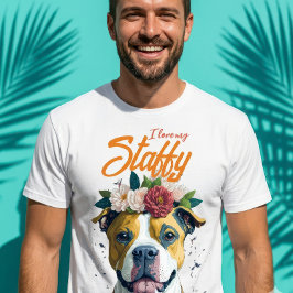 スタッフィー・ピットブルフラワークラウンを愛する犬好き Tシャツ