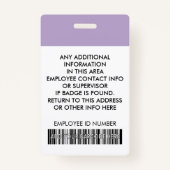 スタッフフォトIDカードバーコードロゴ薄紫紫色の名前 バッジ (裏面)