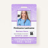 スタッフフォトIDバーコードロゴパープルグリッター名 バッジ (正面)