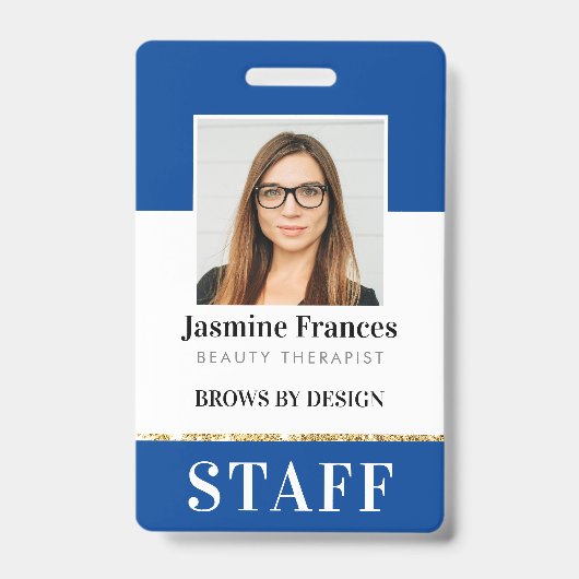 スタッフモダンフォトID作業シックなデザインブルー バッジ (表面)