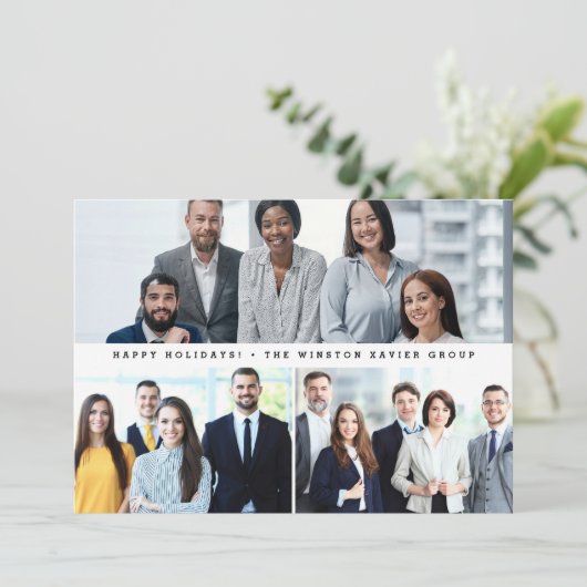 スタッフモダン企業のチームの写真ハッピーホリデー シーズンカード (スタンド正面)
