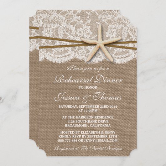 スタッ素朴フィッシュビーチ結婚式リハーサルディナー 招待状 (正面/裏面)