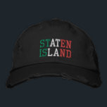 スタテンアイランドNYグリーンホワイト&レッドヴィンテージスタイル 刺繍入りキャップ<br><div class="desc">STATEN ISLAND New Yorkイタリア国旗の色ヴィンテージスタイルの黒いコットンハットに刺繍された緑動揺しての白の赤い赤。メインアイテムページで色の選択を選択することもできます。</div>