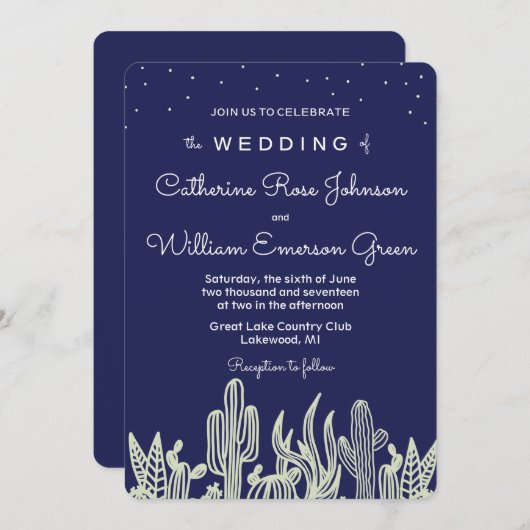 スタリーモダンスカイサクタスネイビー結婚式招待状 招待状 (正面/裏面)