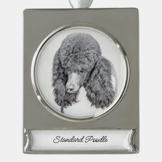 スタンダードプードルブラックパ絵画ートの – Dog Art Sil シルバープレートバナーオーナメント (正面)
