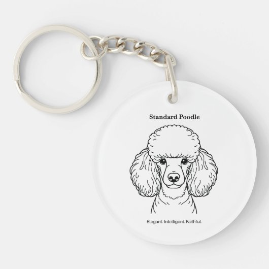 スタンダードプードルポートレートブラックラインイラストレーション キーホルダー (正面)