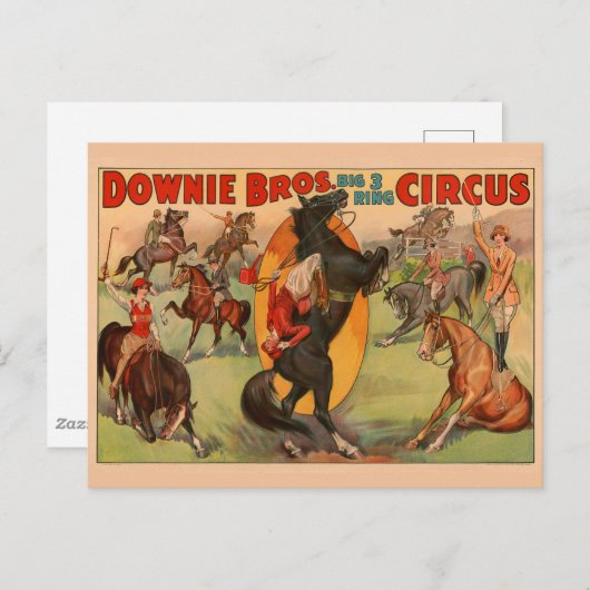 スタントをしている多くの馬を示すサーカスのポスター。 ポストカード (正面/裏面)