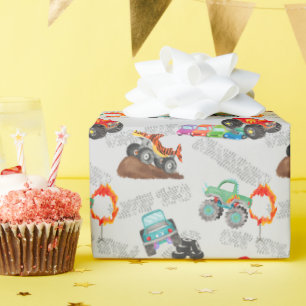 スタントカーモンスタートラック誕生日バッシュウォーターカラー ラッピングペーパー
