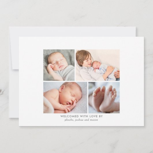 スタンドアウト名モダンスクリプト男の赤ちゃんフォト誕生 案内状 (裏面)