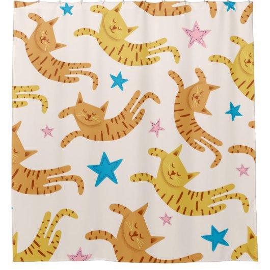 スターが描かれた継ぎ目のないおもしろいかわいい猫 シャワーカーテン (正面)