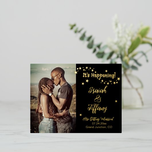 スターが散らばった日付写真を保存 箔招待状ポストカード (立ち正面)