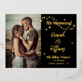 スターが散らばった日付写真を保存 箔招待状ポストカード (正面)