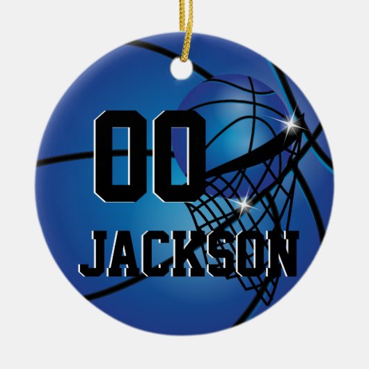 スターすごいプレーヤーブルーバスケットボールのパーソナライズ セラミックオーナメント (正面)