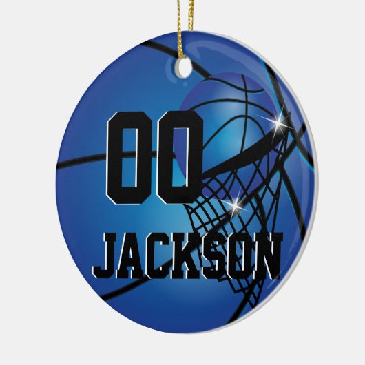 スターすごいプレーヤーブルーバスケットボールのパーソナライズ セラミックオーナメント (左)