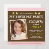 スターすごい!ガールズピンクバースデーパーティー招待状 招待状 (正面/裏面)