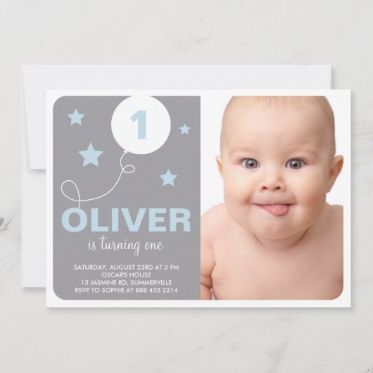 スターとバルーンフォト誕生日パーティーへの招待 招待状 (正面)