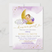 スターアンドムーン薄紫エンジェルガールブロンド赤ちゃんシャワー 招待状 (正面)