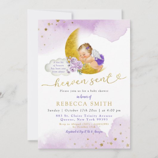 スターアンドムーン薄紫エンジェルガールブロンド赤ちゃんシャワー 招待状 (正面)