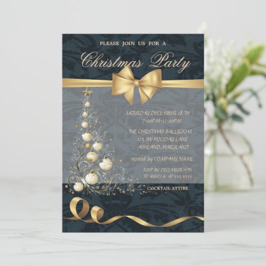 スターエレガント金ゴールドクリスマスツリー弓、クリスマス 招待状 (スタンド正面)