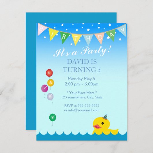 スターエレガント&ラバーダックブルー誕生日 招待状 (正面/裏面)