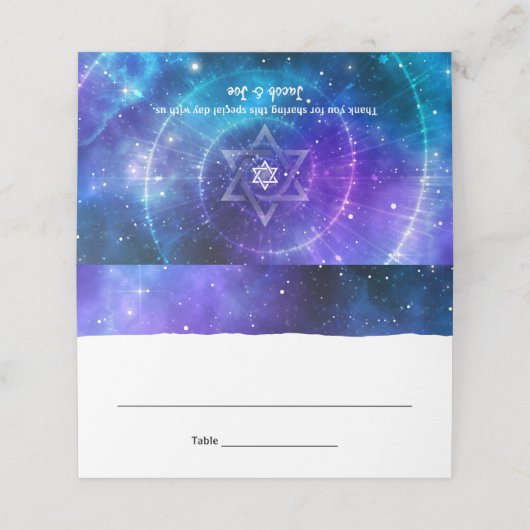スターオブデイビッドパープルブルーウォーターカラー銀河系折りたたみ プレイスカード (外部開封)