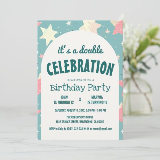 スターカラフルズパターンダブル誕生日パーティー 招待状 (スタンド正面)