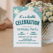 スターカラフルズパターンダブル誕生日パーティー 招待状