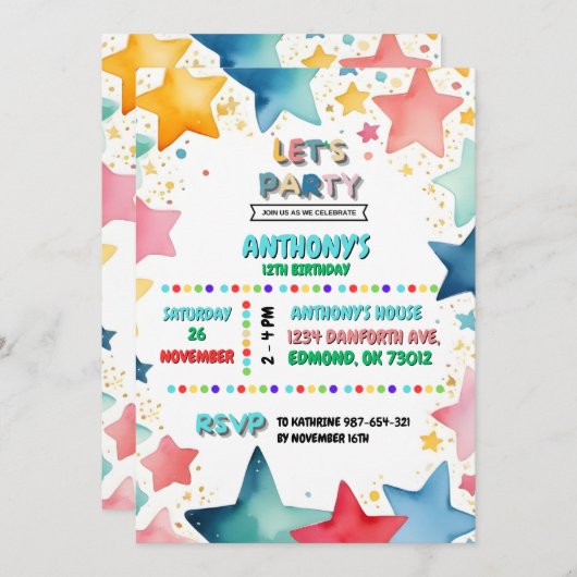 スターカラフルテーマ12誕生日子供へ 招待状 (正面/裏面)