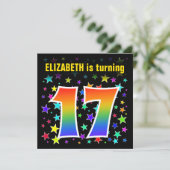 スターカラフル+レインボーパターン「17」誕生日番号 招待状 (スタンド正面)