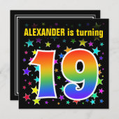 スターカラフル+レインボーパターン「19」誕生日番号 招待状 (正面/裏面)