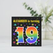 スターカラフル+レインボーパターン「19」誕生日番号 招待状 (スタンド正面)