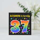 スターカラフル+レインボーパターン「37」誕生日番号 招待状 (スタンド正面)