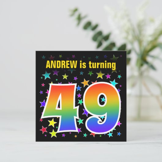 スターカラフル+レインボーパターン「49」誕生日番号 招待状 (スタンド正面)