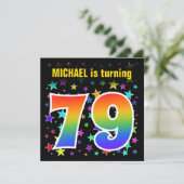 スターカラフル+レインボーパターン「79」誕生日番号 招待状 (スタンド正面)