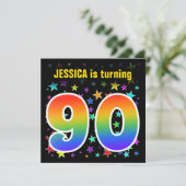 スターカラフル+レインボーパターン「90」誕生日番号 招待状 (スタンド正面)