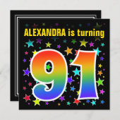 スターカラフル+レインボーパターン「91」誕生日番号 招待状 (正面/裏面)