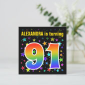 スターカラフル+レインボーパターン「91」誕生日番号 招待状 (スタンド正面)