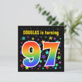 スターカラフル+レインボーパターン「97」誕生日番号 招待状 (スタンド正面)