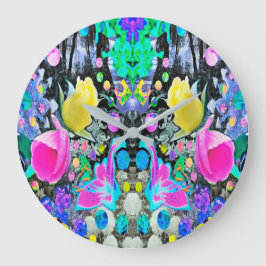 スターガザーリリーバラ&ピンクハイビスカスコラージュ ラージ壁時計