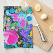 スターガザーリリー、バラとピンクハイビスカスコラージュ キッチンタオル (四つ折り)