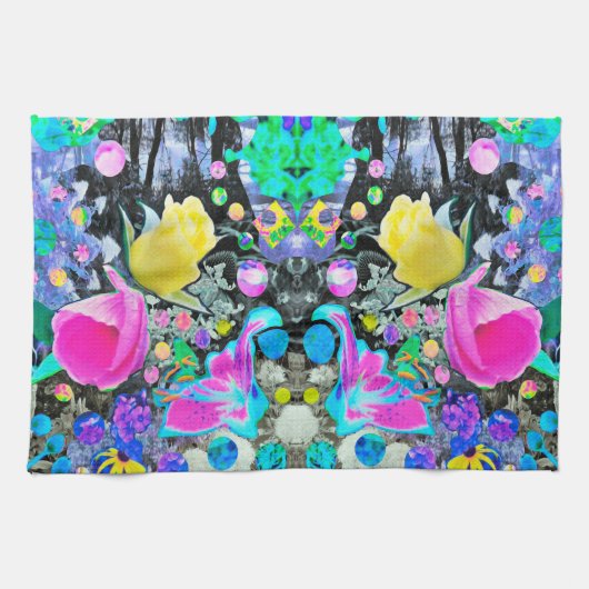 スターガザーリリー、バラとピンクハイビスカスコラージュ キッチンタオル (横)