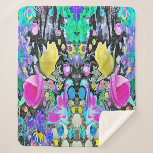 スターガザーリリー、バラとピンクハイビスカスコラージュ シェルパブランケット (正面)